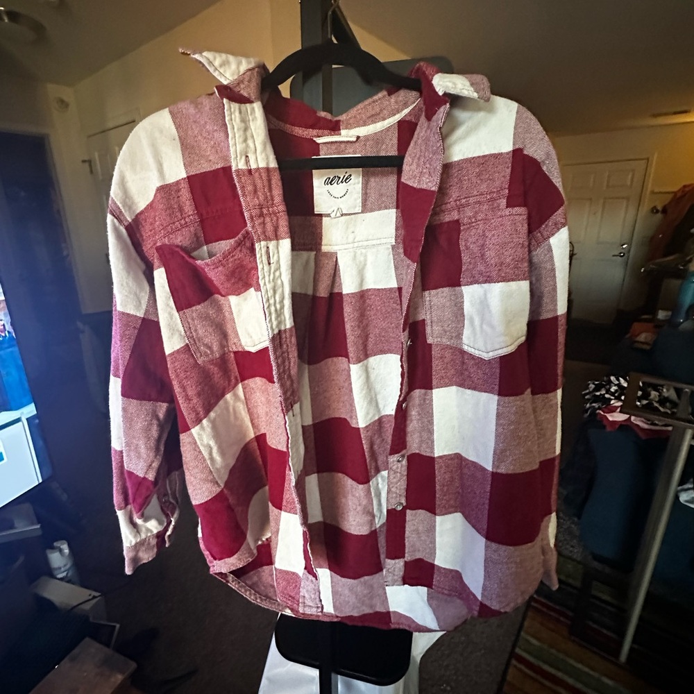 Aerie Red and White Plaid Button Down Shirt